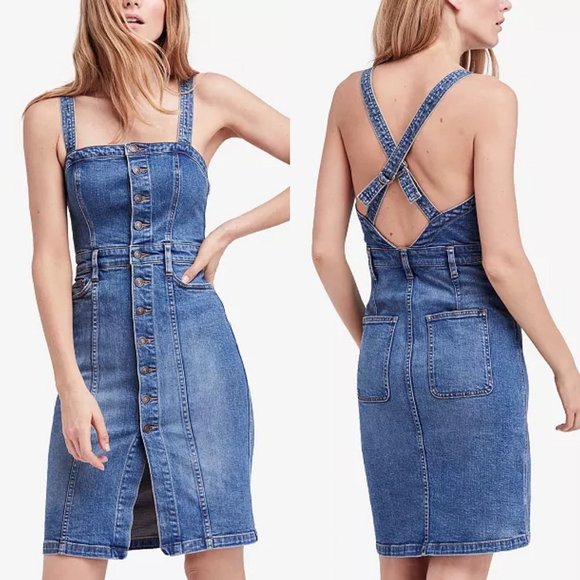 Free People Women's Gracie Full Button Denim Overall Jumper Jean Dress Size 6
